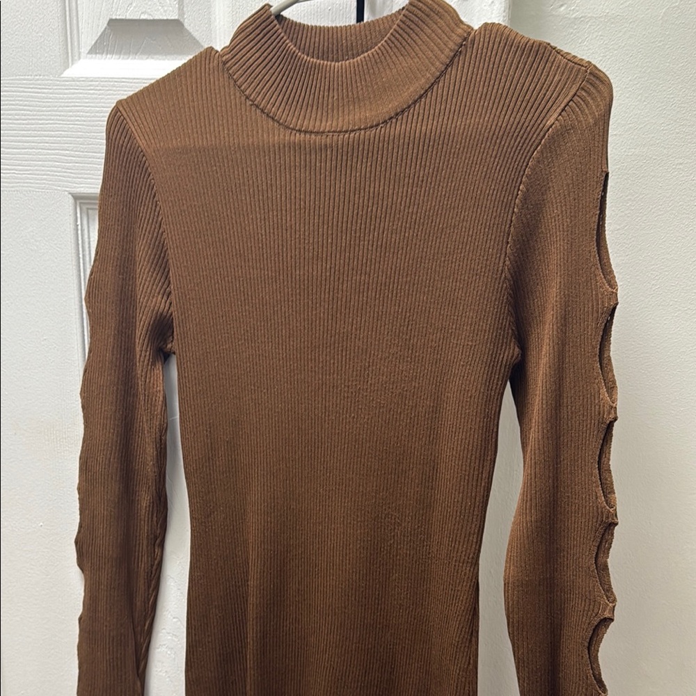Brown Ribbed Long Sleeve Dresss with Cut-Out Details